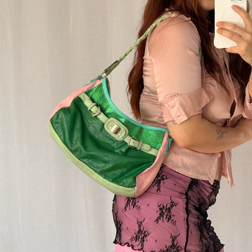Y2K Rosetti Hand-Painted Green Glitter Shoulder Bag ✿